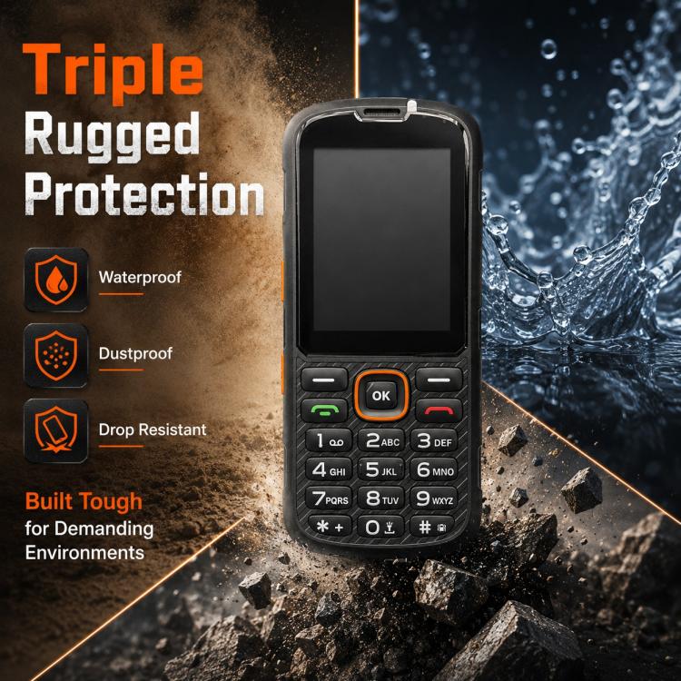 Téléphone durci HP290Z 4G IP68, écran 2,8 pouces, batterie 3000 mAh, réseau : 4G, Bluetooth, radio FM, SOS, lampe torche, avec station de charge, EU Plug, US Plug, UK Plug