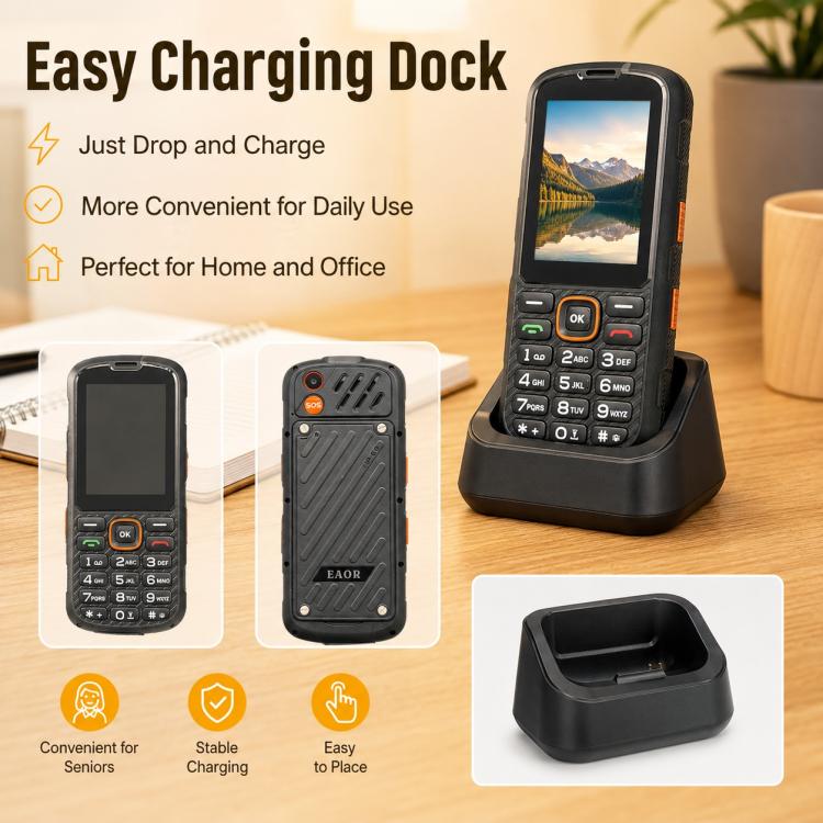 Téléphone durci HP290Z 4G IP68, écran 2,8 pouces, batterie 3000 mAh, réseau : 4G, Bluetooth, radio FM, SOS, lampe torche, avec station de charge, EU Plug, US Plug, UK Plug