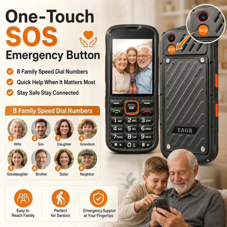 Téléphone durci HP290Z 4G IP68, écran 2,8 pouces, batterie 3000 mAh, réseau : 4G, Bluetooth, radio FM, SOS, lampe torche, avec station de charge, EU Plug, US Plug, UK Plug