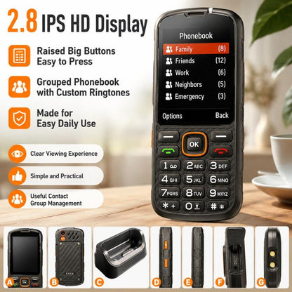 Téléphone durci HP290Z 4G IP68, écran 2,8 pouces, batterie 3000 mAh, réseau : 4G, Bluetooth, radio FM, SOS, lampe torche, avec station de charge, EU Plug, US Plug, UK Plug