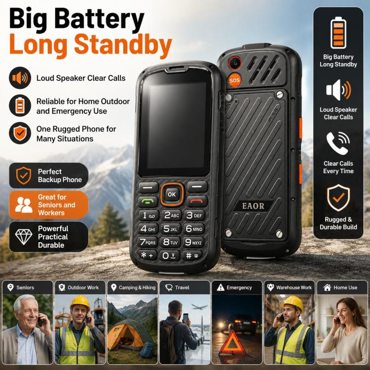 Téléphone durci HP290Z 4G IP68, écran 2,8 pouces, batterie 3000 mAh, réseau : 4G, Bluetooth, radio FM, SOS, lampe torche, avec station de charge, EU Plug, US Plug, UK Plug
