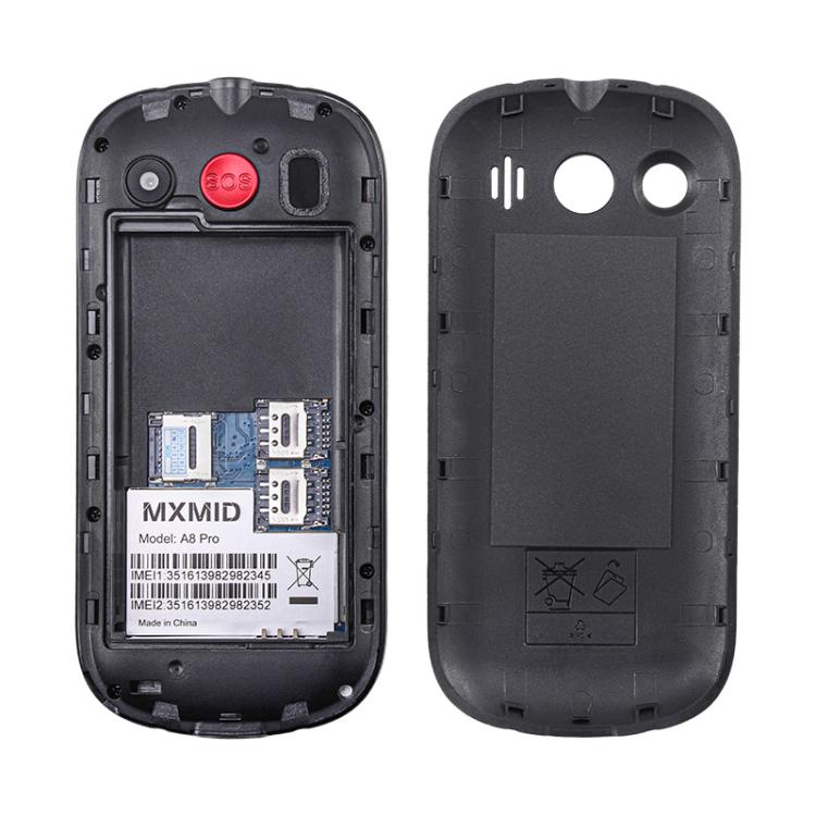 MXMID A8 Pro, téléphone robuste pour seniors avec écran 2 pouces à grosses touches, fonction SOS, Bluetooth, lampe torche, réseau : 2G, EU Plug, US Plug, UK Plug, AU Plug