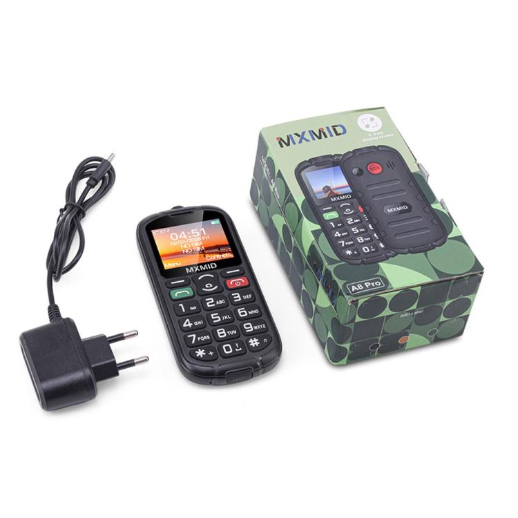 MXMID A8 Pro, téléphone robuste pour seniors avec écran 2 pouces à grosses touches, fonction SOS, Bluetooth, lampe torche, réseau : 2G, EU Plug, US Plug, UK Plug, AU Plug