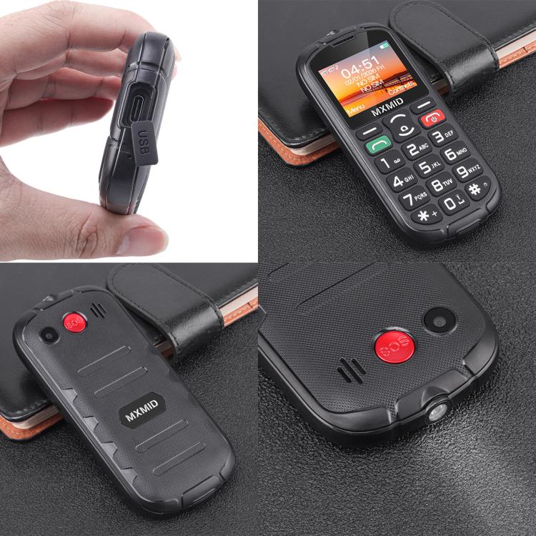 MXMID A8 Pro, téléphone robuste pour seniors avec écran 2 pouces à grosses touches, fonction SOS, Bluetooth, lampe torche, réseau : 2G, EU Plug, US Plug, UK Plug, AU Plug