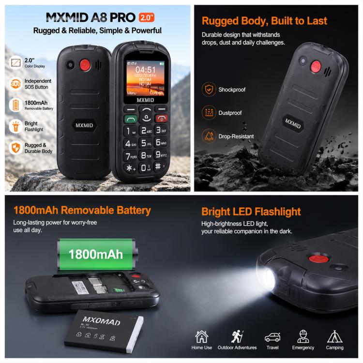 MXMID A8 Pro, téléphone robuste pour seniors avec écran 2 pouces à grosses touches, fonction SOS, Bluetooth, lampe torche, réseau : 2G, EU Plug, US Plug, UK Plug, AU Plug