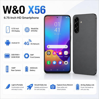 W&O X56, 3 Go + 32 Go, écran 6,75 pouces, Android 12.0, processeur octocœur Mediatek MT6762, réseau : 4G, OTG, EU Plug, US Plug, UK Plug, AU Plug