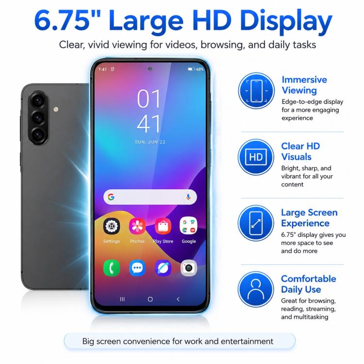 W&O X56, 3 Go + 32 Go, écran 6,75 pouces, Android 12.0, processeur octocœur Mediatek MT6762, réseau : 4G, OTG, EU Plug, US Plug, UK Plug, AU Plug