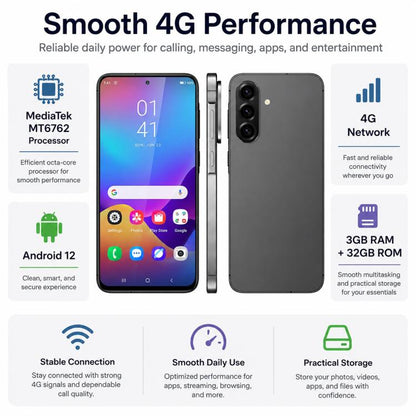W&O X56, 3 Go + 32 Go, écran 6,75 pouces, Android 12.0, processeur octocœur Mediatek MT6762, réseau : 4G, OTG, EU Plug, US Plug, UK Plug, AU Plug