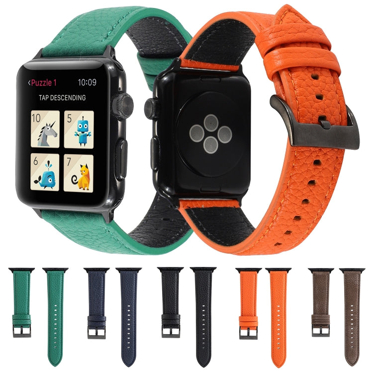 Bracelet de montre en cuir véritable texturé litchi pour Apple Watch Series 6 & SE & 5 & 4 44mm / 3 & 2 & 1 42mm, For Apple Watch Series 7 45mm / 6 & SE & 5 & 4 44mm / 3 & 2 & 1 42mm