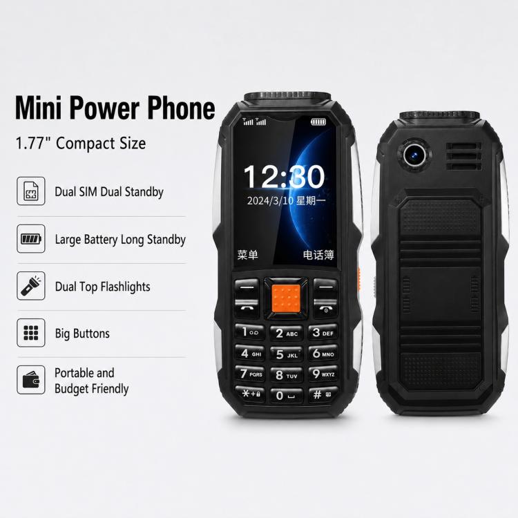 Téléphone robuste W2022, écran 1,77 pouce, SC6531DA, réseau : 2G, double SIM, Bluetooth, lampe torche