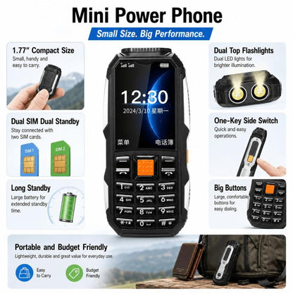 Téléphone robuste W2022, écran 1,77 pouce, SC6531DA, réseau : 2G, double SIM, Bluetooth, lampe torche