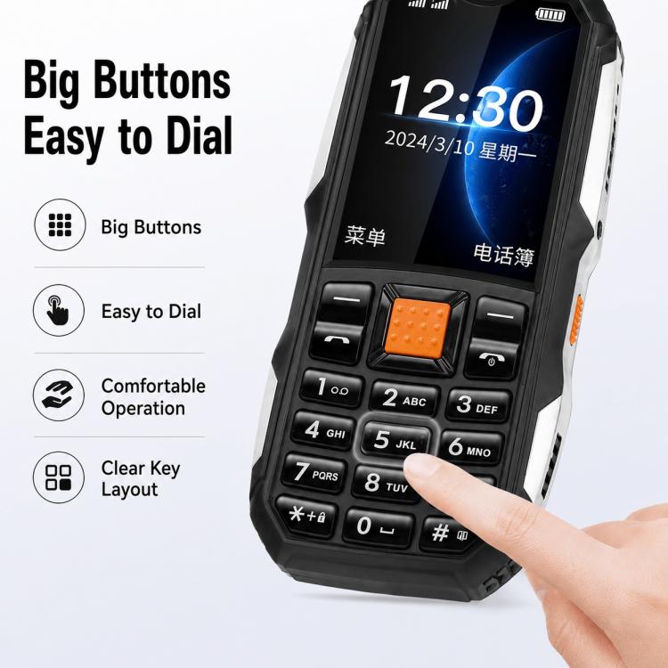 Téléphone robuste W2022, écran 1,77 pouce, SC6531DA, réseau : 2G, double SIM, Bluetooth, lampe torche