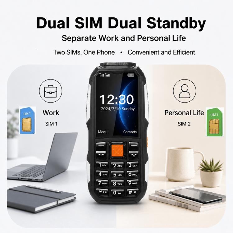 Téléphone robuste W2022, écran 1,77 pouce, SC6531DA, réseau : 2G, double SIM, Bluetooth, lampe torche