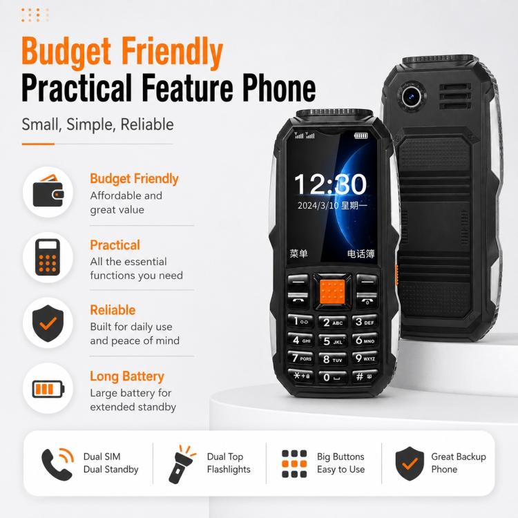 Téléphone robuste W2022, écran 1,77 pouce, SC6531DA, réseau : 2G, double SIM, Bluetooth, lampe torche