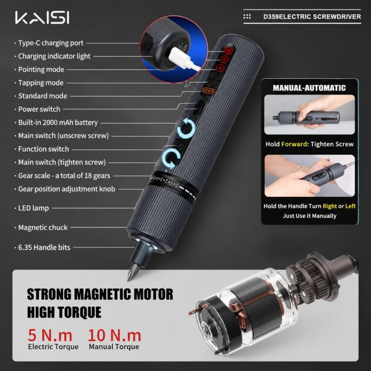 Kit de tournevis dynamométrique électrique rechargeable Kaisi D359 37 en 1, Kaisi D359