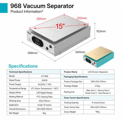 Séparateur UYUE 968 avec écran LCD 15 pouces et pompe à vide intégrée, US Plug, EU Plug