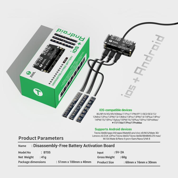Carte d'activation de batterie 2UUL BT05 sans démontage pour iPhone 8-17 Pro Max / Android, 2UUL BT05