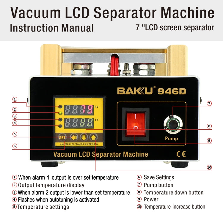 Machine de séparation d'écran tactile LCD sous vide BAKU BK-946D 200W, AC 220V