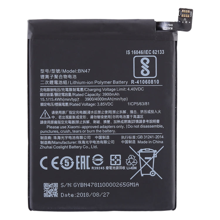 3900mAh BN47 pour batterie Li-Polymère Xiaomi Redmi 6 Pro