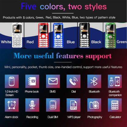 1,0 pouces, casque mains libres Bluetooth Dialer, musique MP3, double SIM, réseau: 2G