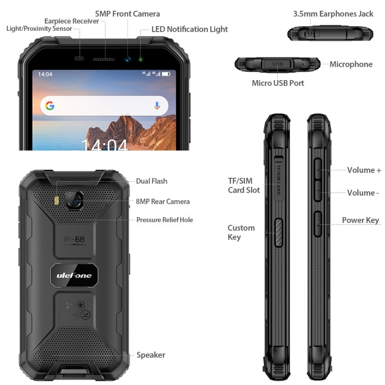 IP68/IP69K étanche à la poussière, aux chocs, identification faciale, batterie 4000 mAh, 5,0 pouces Android 9.0 MTK6580A/W Quad Core jusqu'à 1,3 GHz, réseau : 3G, Armor X6 2GB+16GB