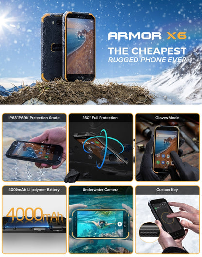 IP68/IP69K étanche à la poussière, aux chocs, identification faciale, batterie 4000 mAh, 5,0 pouces Android 9.0 MTK6580A/W Quad Core jusqu'à 1,3 GHz, réseau : 3G, Armor X6 2GB+16GB