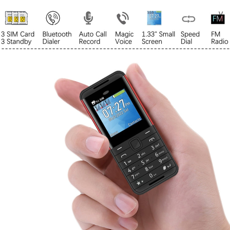 1,33 pouces, MTK6261D, 21 touches, prise en charge Bluetooth, FM, Magic Sound, enregistrement automatique des appels, GSM, Triple SIM, English Key