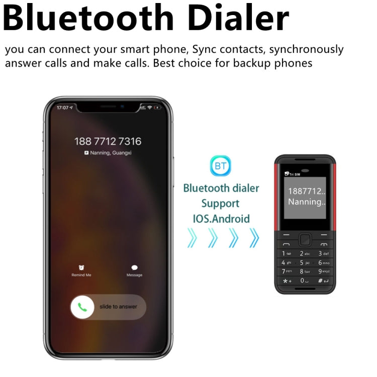 1,33 pouces, MTK6261D, 21 touches, prise en charge Bluetooth, FM, Magic Sound, enregistrement automatique des appels, GSM, Triple SIM, English Key