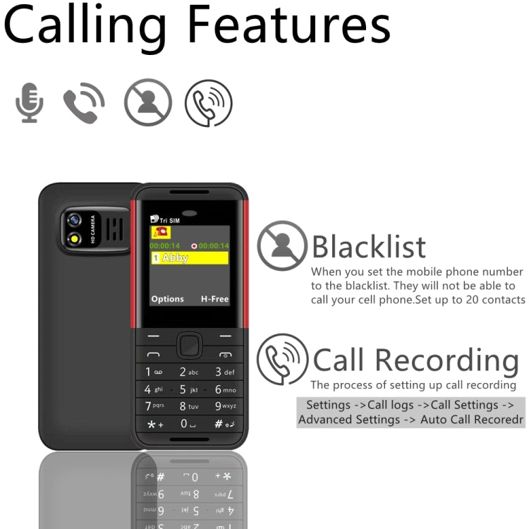 1,33 pouces, MTK6261D, 21 touches, prise en charge Bluetooth, FM, Magic Sound, enregistrement automatique des appels, GSM, Triple SIM, English Key