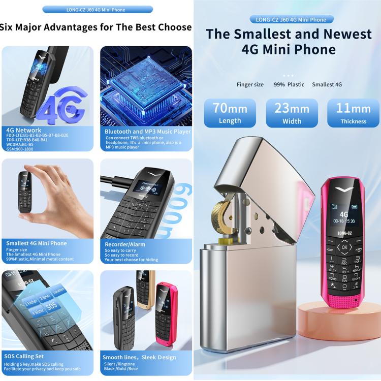 Mini téléphone 4G LONG-CZ S60, écran 1,77 pouce, processeur Unisoc T107, lampe torche LED, 21 touches, réseau 4G, une seule carte SIM