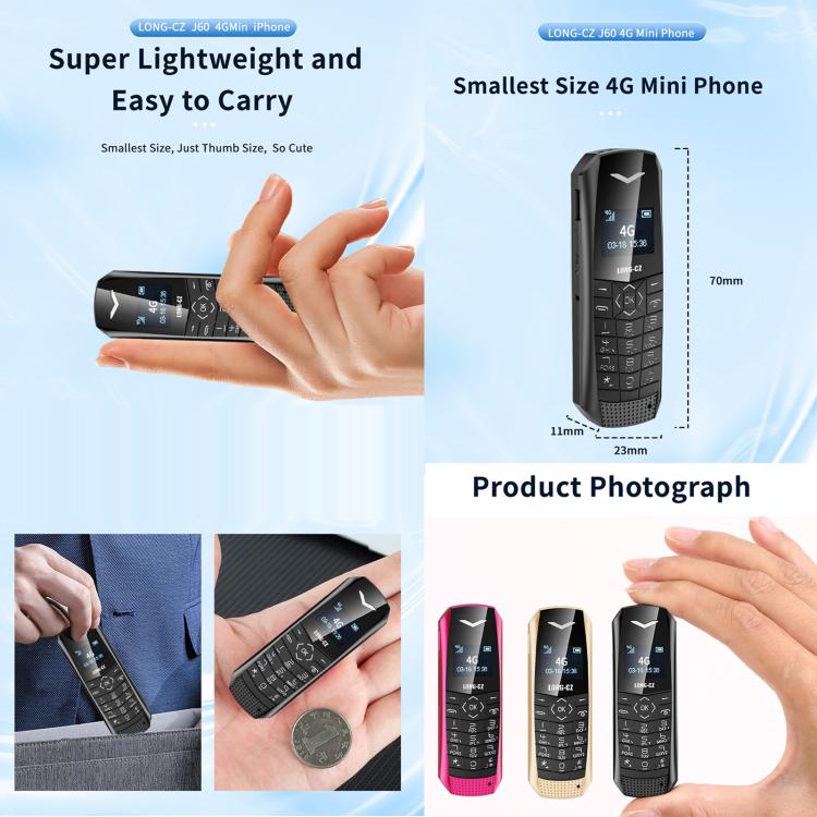 Mini téléphone 4G LONG-CZ S60, écran 1,77 pouce, processeur Unisoc T107, lampe torche LED, 21 touches, réseau 4G, une seule carte SIM