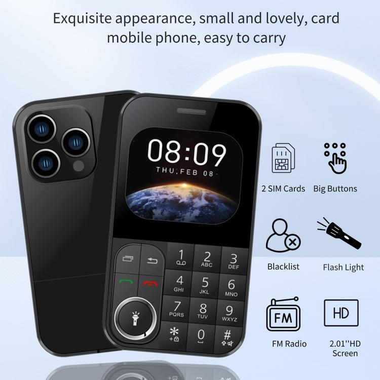 Téléphone portable V9 Card, 2,01 pouces, MTK6261D, prise en charge Bluetooth, FM, torche, GSM, double SIM