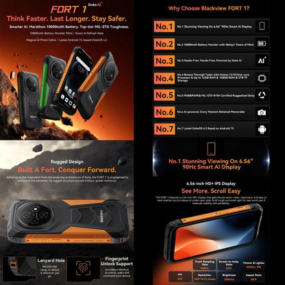Blackview FORT 1, 4 Go + 128 Go, écran 6,56 pouces, Android 15, processeur octocœur Unisoc UMS9230E T615, réseau : 4G, OTG, NFC, 4GB+128GB