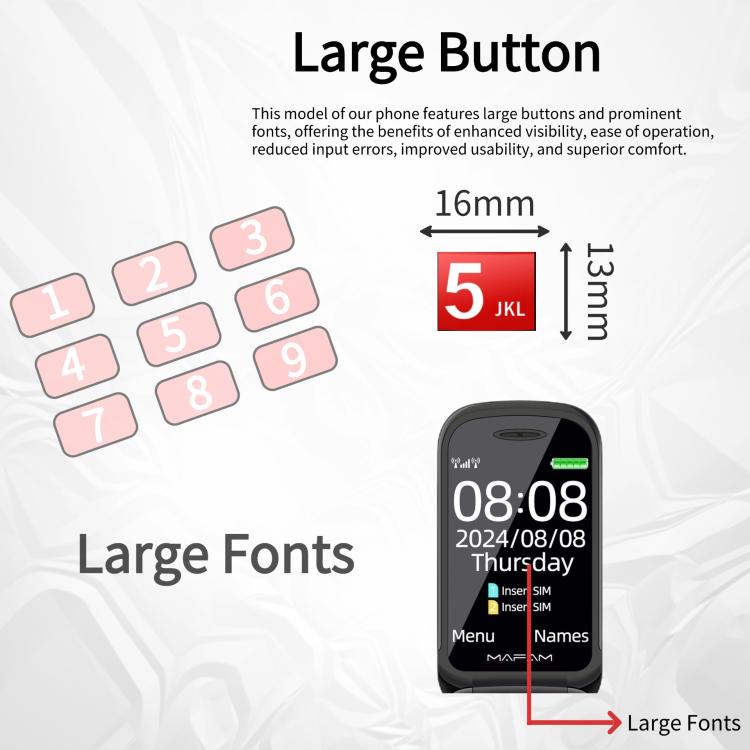 Téléphone à clapet Mafam F899, 2,4 pouces, 32 Mo + 32 Mo, radio FM, SOS, GSM, numéro de famille, grandes touches, double SIM, prise britannique, UK Plug