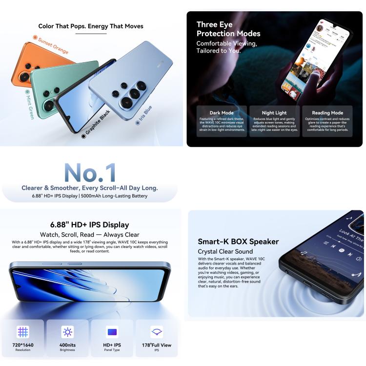 Blackview WAVE 10C, 4 Go + 32 Go, écran 6,88 pouces, Android 16, processeur octocœur Unisoc UMS312/T310, réseau : 4G, OTG, WAVE 10C, 4GB+32GB