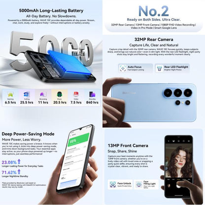 Blackview WAVE 10C, 4 Go + 32 Go, écran 6,88 pouces, Android 16, processeur octocœur Unisoc UMS312/T310, réseau : 4G, OTG, WAVE 10C, 4GB+32GB