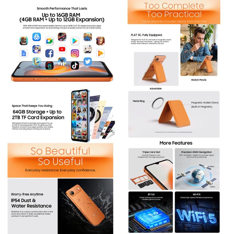 Blackview Oscal FLAT 3C, 4 Go + 64 Go, écran 6,56 pouces, Android 16, processeur quadricœur Unisoc UMS312 T310, OTG, réseau : 4G, 4GB+64GB