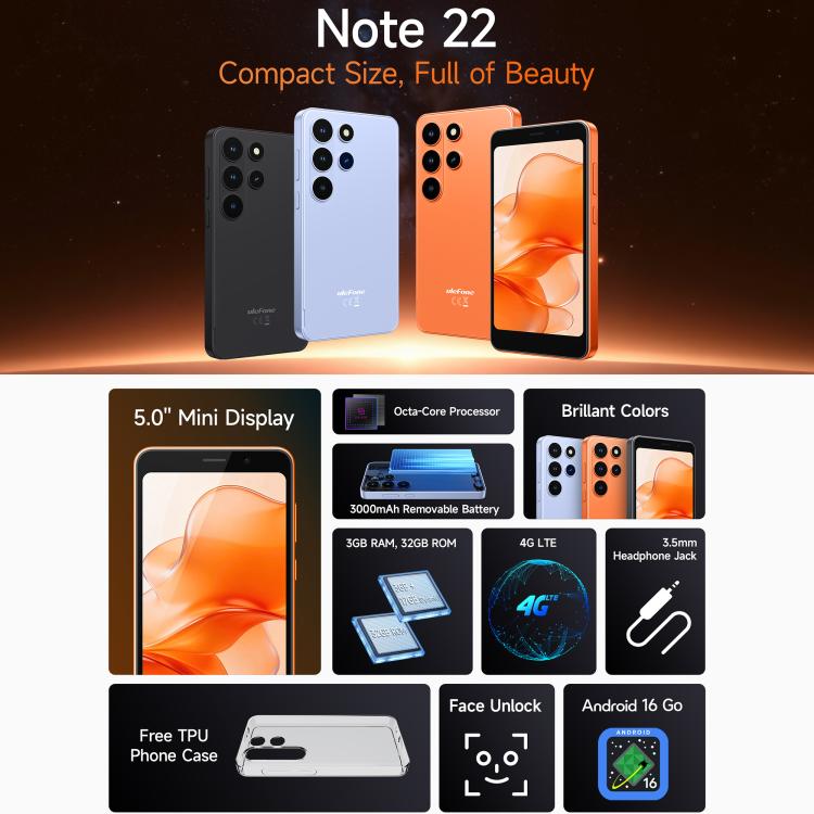 Ulefone Note 22, 3 Go + 32 Go, écran 5 pouces, Android 16 Go, processeur octocœur Unisoc T7100, réseau : 4G, OTG, Note 22