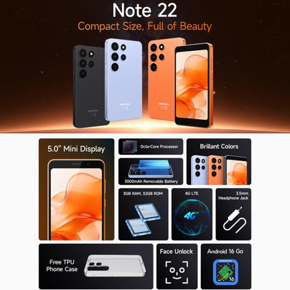Ulefone Note 22, 3 Go + 32 Go, écran 5 pouces, Android 16 Go, processeur octocœur Unisoc T7100, réseau : 4G, OTG, Note 22