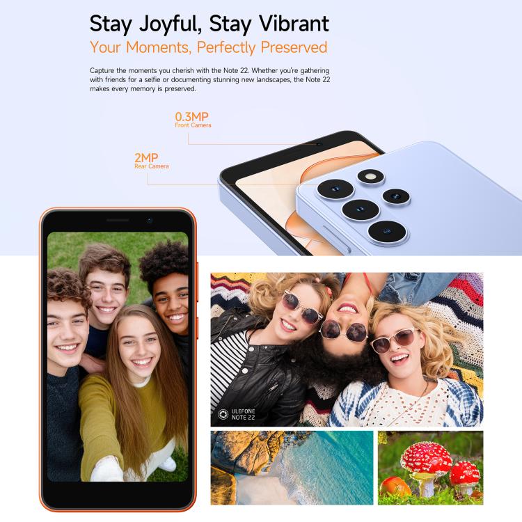 Ulefone Note 22, 3 Go + 32 Go, écran 5 pouces, Android 16 Go, processeur octocœur Unisoc T7100, réseau : 4G, OTG, Note 22