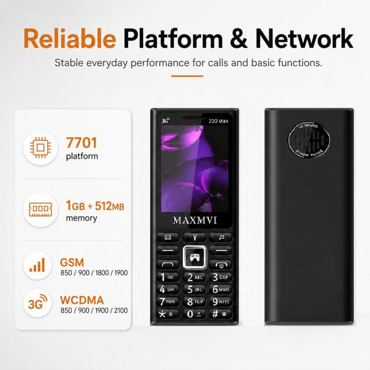 Téléphone à touches 220 Max 3G, batterie 3600 mAh, écran 2,4 pouces, SOS, 24 touches, double SIM, réseau 4G, compatible WhatsApp et Facebook.