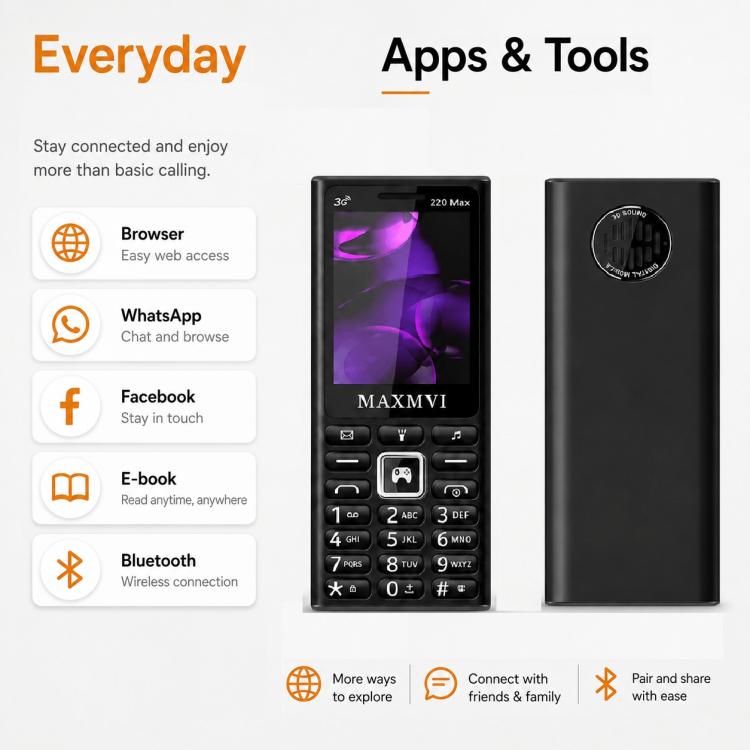 Téléphone à touches 220 Max 3G, batterie 3600 mAh, écran 2,4 pouces, SOS, 24 touches, double SIM, réseau 4G, compatible WhatsApp et Facebook.