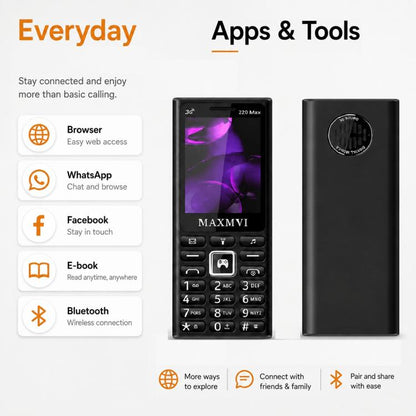 Téléphone à touches 220 Max 3G, batterie 3600 mAh, écran 2,4 pouces, SOS, 24 touches, double SIM, réseau 4G, compatible WhatsApp et Facebook.