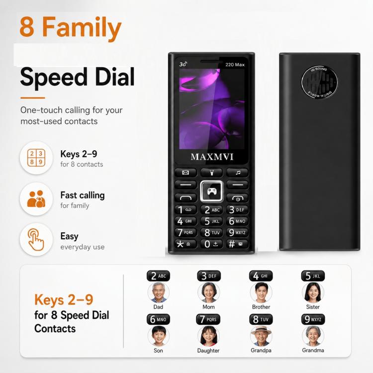 Téléphone à touches 220 Max 3G, batterie 3600 mAh, écran 2,4 pouces, SOS, 24 touches, double SIM, réseau 4G, compatible WhatsApp et Facebook.