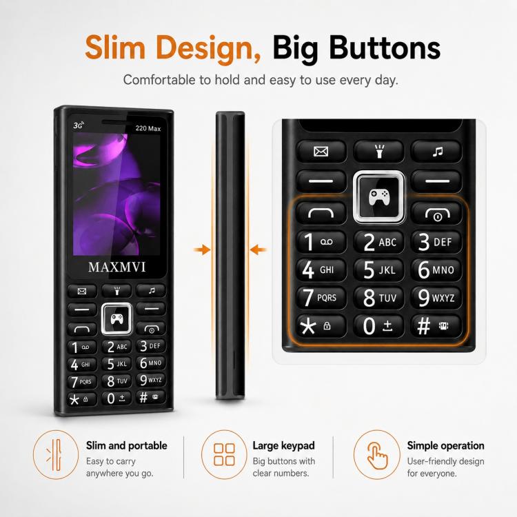 Téléphone à touches 220 Max 3G, batterie 3600 mAh, écran 2,4 pouces, SOS, 24 touches, double SIM, réseau 4G, compatible WhatsApp et Facebook.