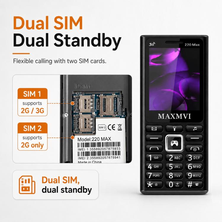 Téléphone à touches 220 Max 3G, batterie 3600 mAh, écran 2,4 pouces, SOS, 24 touches, double SIM, réseau 4G, compatible WhatsApp et Facebook.