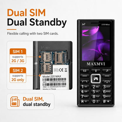 Téléphone à touches 220 Max 3G, batterie 3600 mAh, écran 2,4 pouces, SOS, 24 touches, double SIM, réseau 4G, compatible WhatsApp et Facebook.