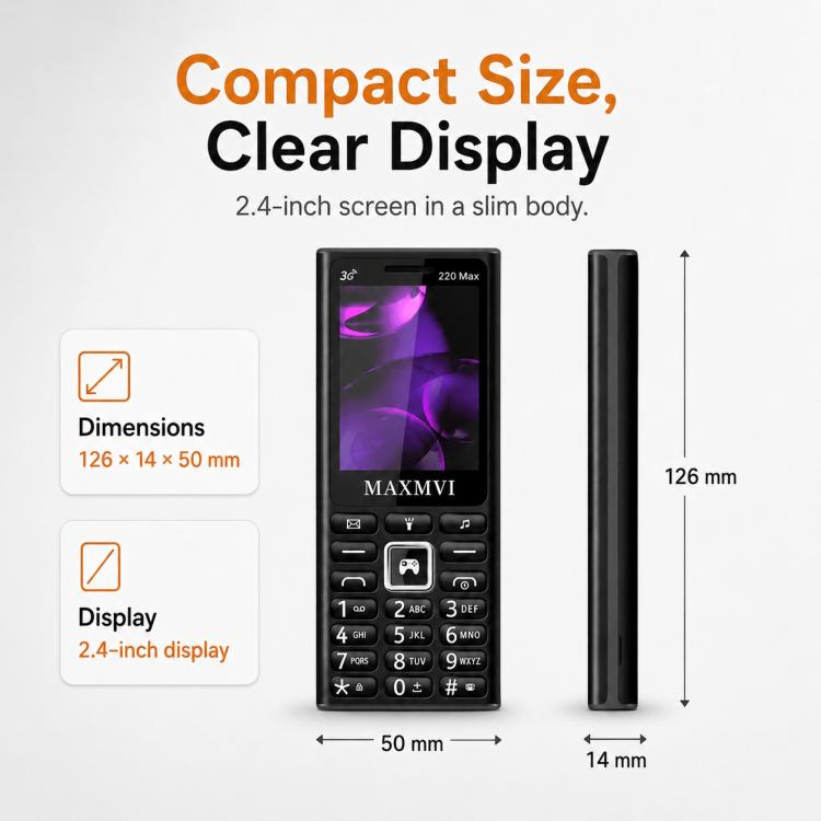 Téléphone à touches 220 Max 3G, batterie 3600 mAh, écran 2,4 pouces, SOS, 24 touches, double SIM, réseau 4G, compatible WhatsApp et Facebook.