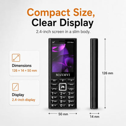 Téléphone à touches 220 Max 3G, batterie 3600 mAh, écran 2,4 pouces, SOS, 24 touches, double SIM, réseau 4G, compatible WhatsApp et Facebook.
