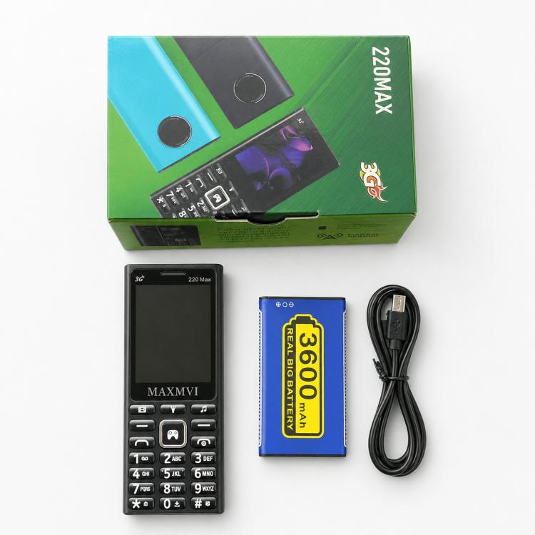 Téléphone à touches 220 Max 3G, batterie 3600 mAh, écran 2,4 pouces, SOS, 24 touches, double SIM, réseau 4G, compatible WhatsApp et Facebook.